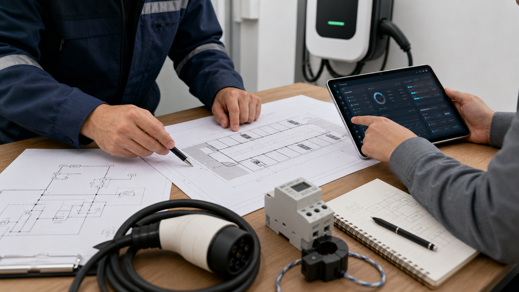 Project team reviewing AC EV charger site plans, OCPP dashboard, CT clamp, and charging connector before quotation