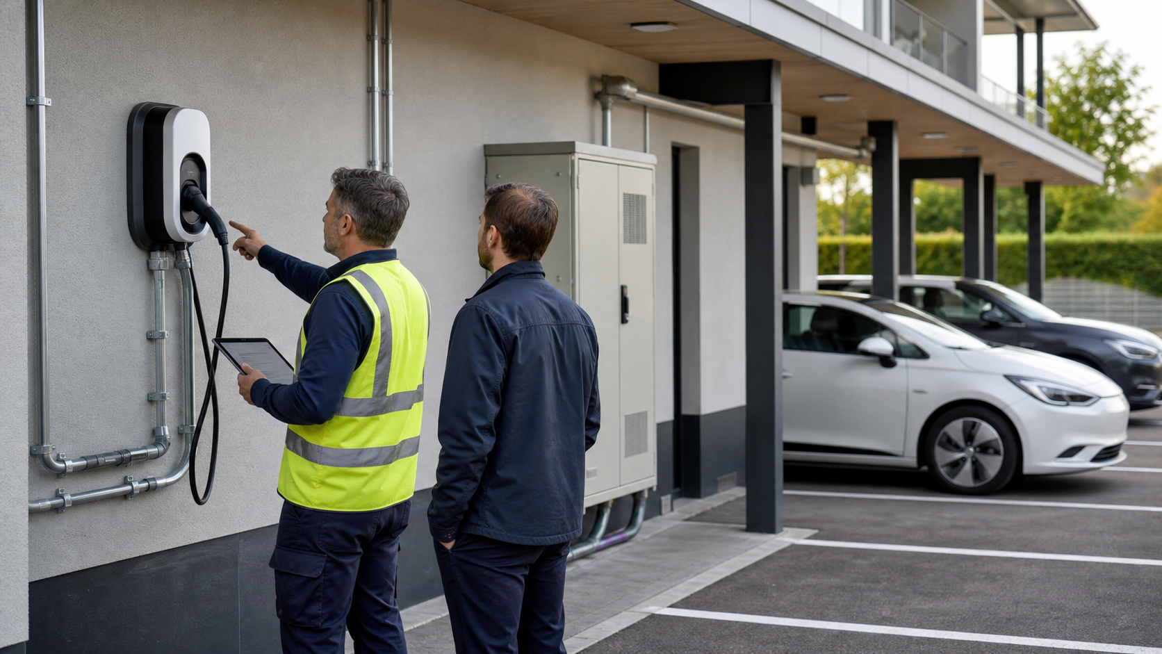 Installer and facility manager reviewing an AC EV charger site survey in a commercial parking area