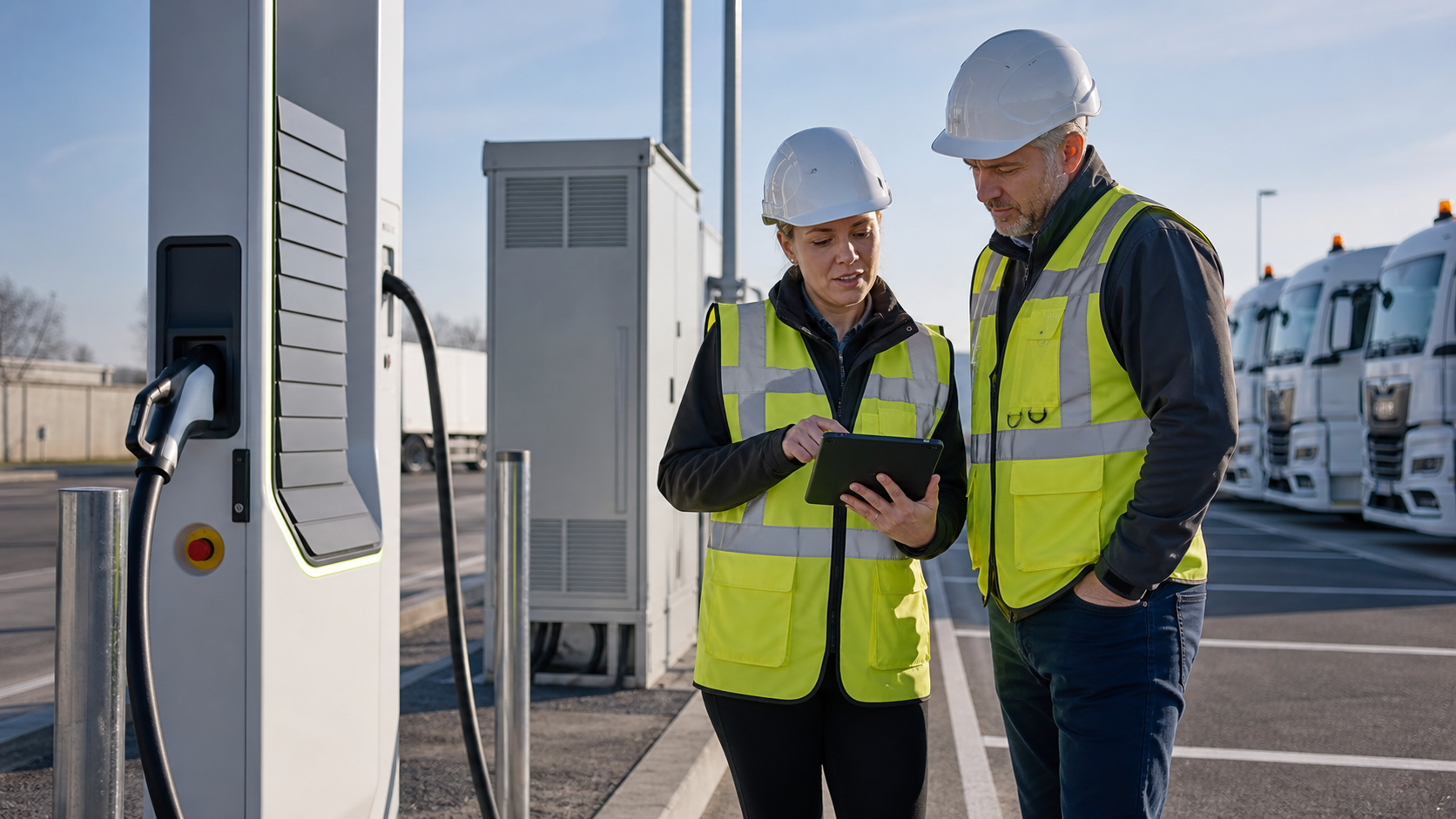 Technician and site manager reviewing DC fast charger commissioning at a fleet charging site
