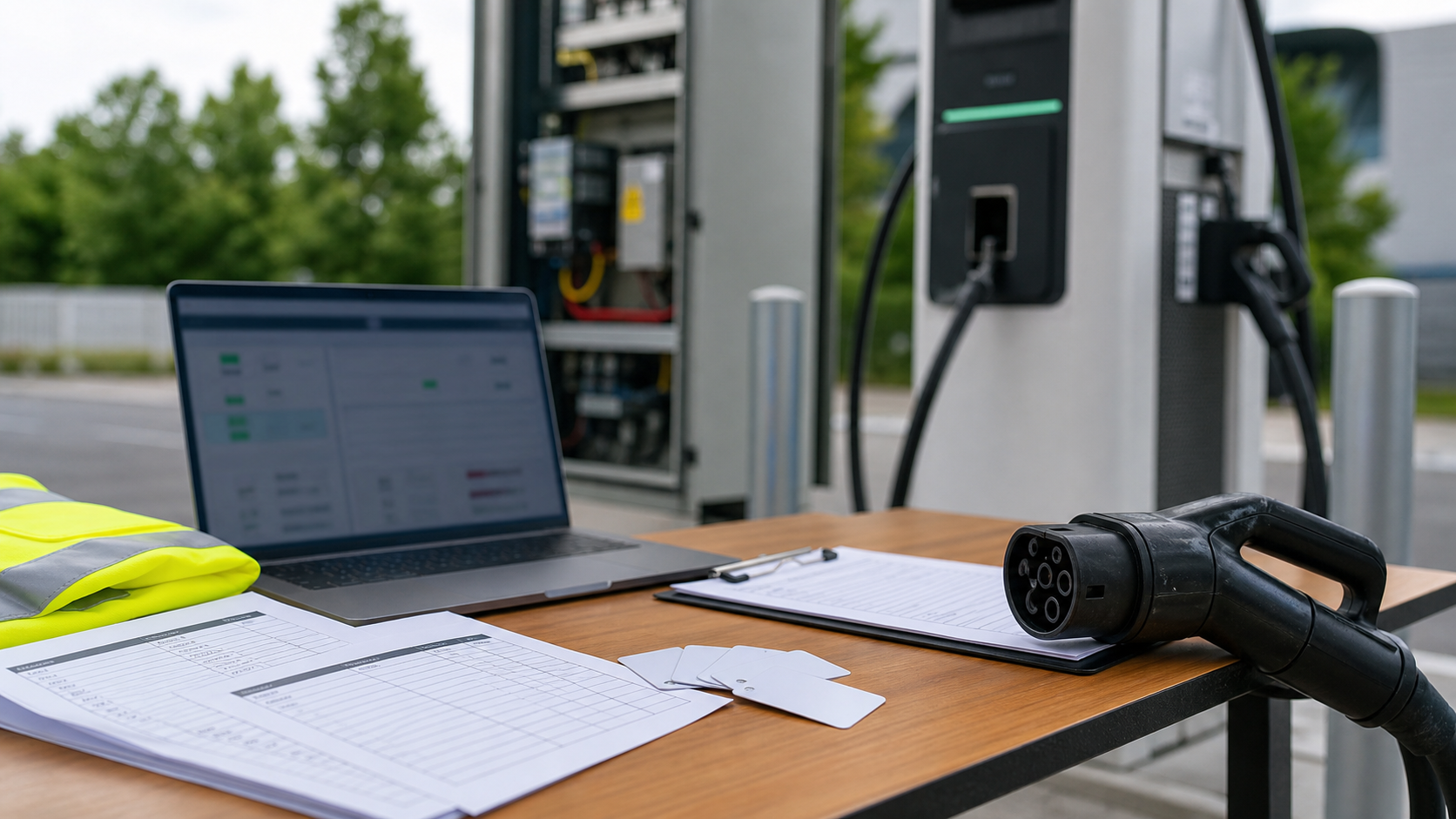 DC fast charger handover checklist with laptop, RFID cards, charging connector, and service cabinet