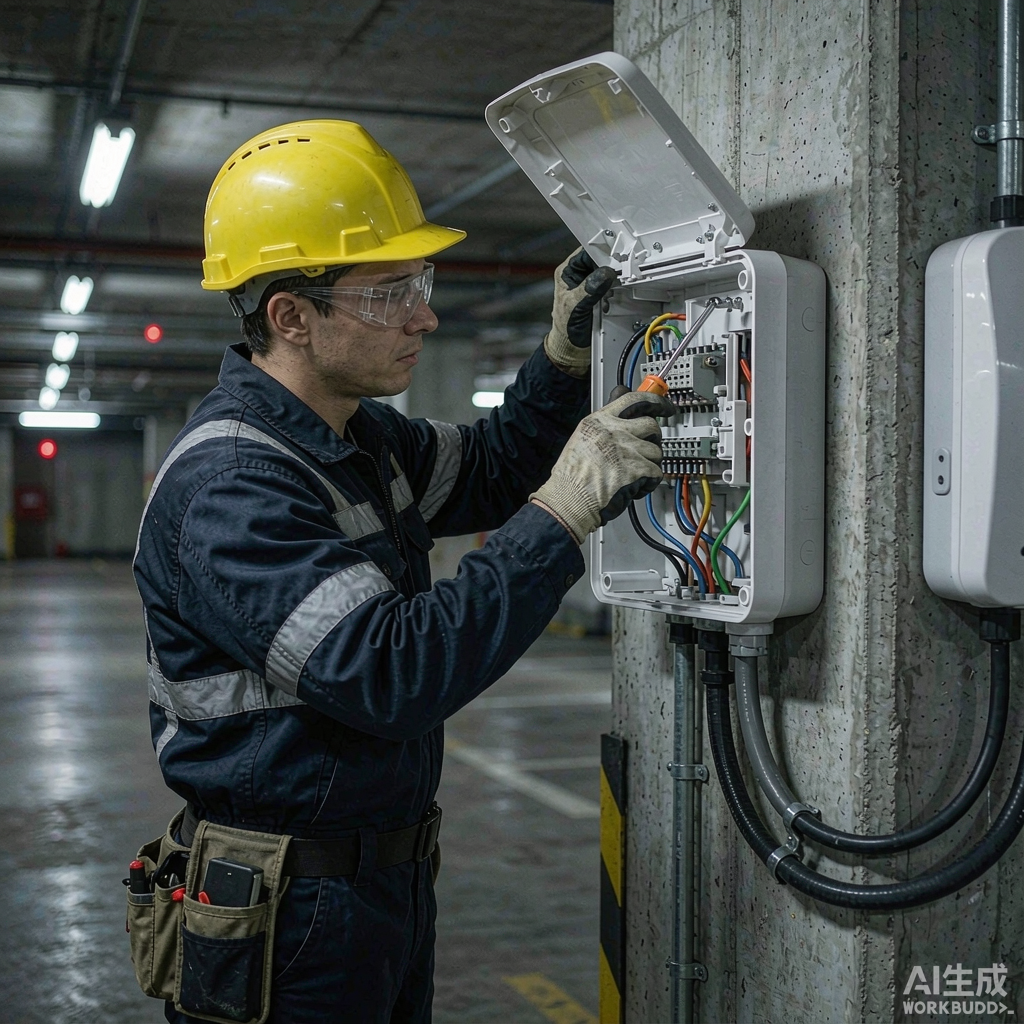 Professional electrician installing an AC wallbox EV charger on a concrete pillar in an underground parking garage