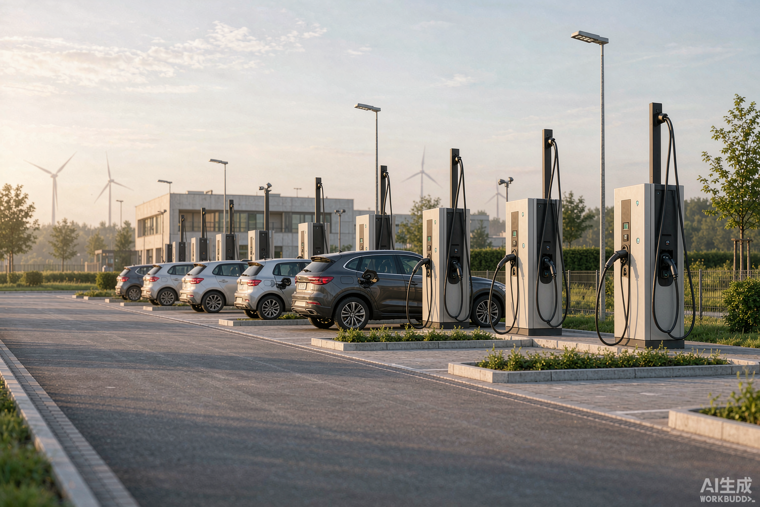 Row of DC fast charging stations at a European highway rest area with electric vehicles charging in morning light