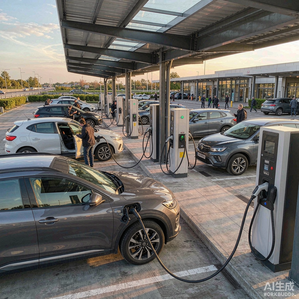 Busy EV fast charging hub at a European motorway service station with multiple cars charging under a canopy