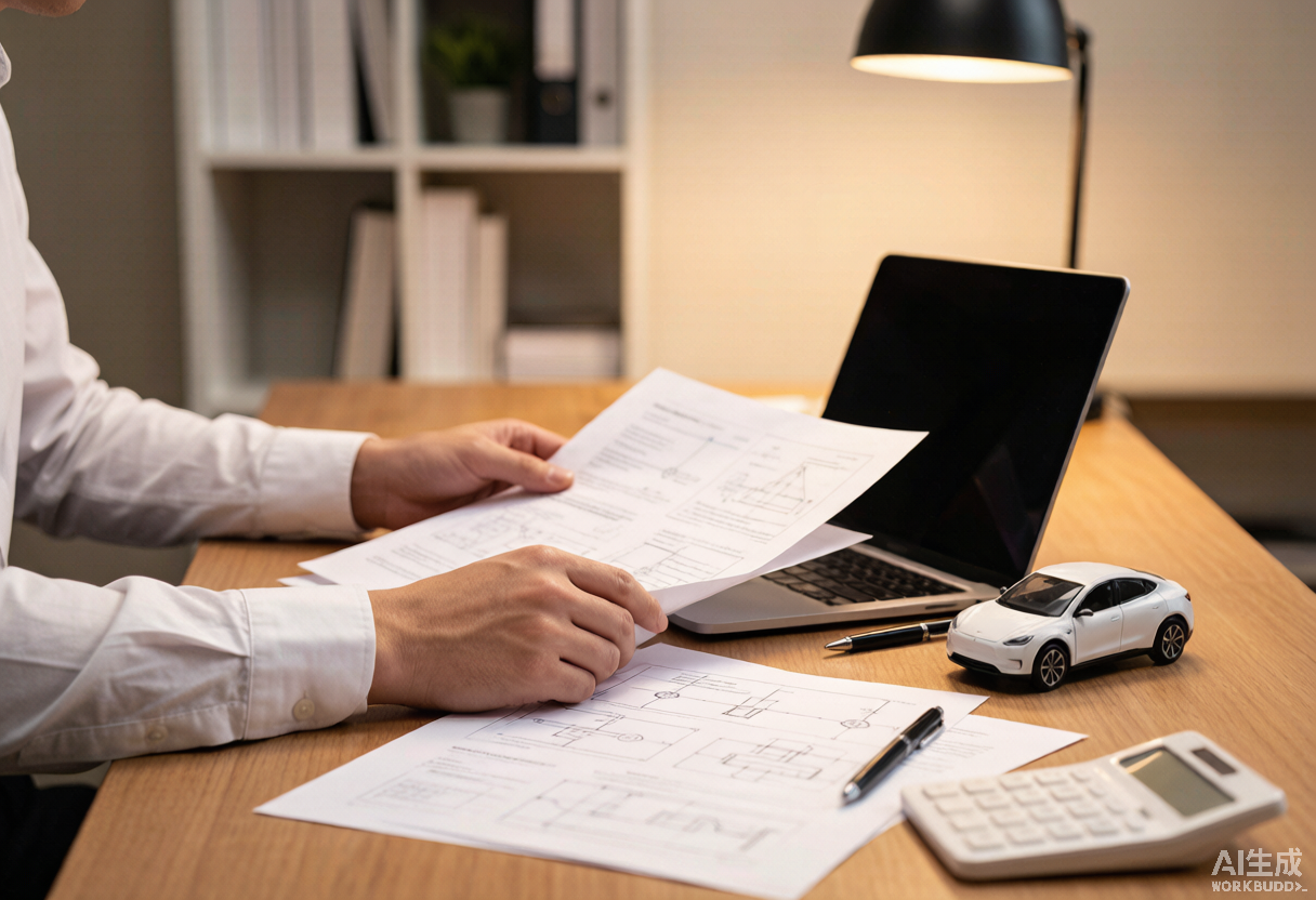 Procurement manager reviewing EV charger certification documents at a desk