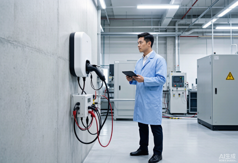 Engineer reviewing an AC wallbox EV charger during electrical safety testing in a laboratory