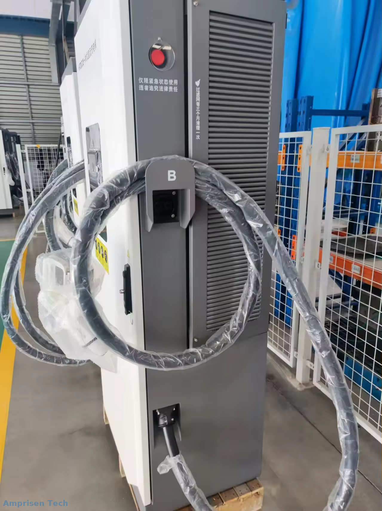 Amprisen DC fast charger cabinet undergoing factory preparation and service inspection