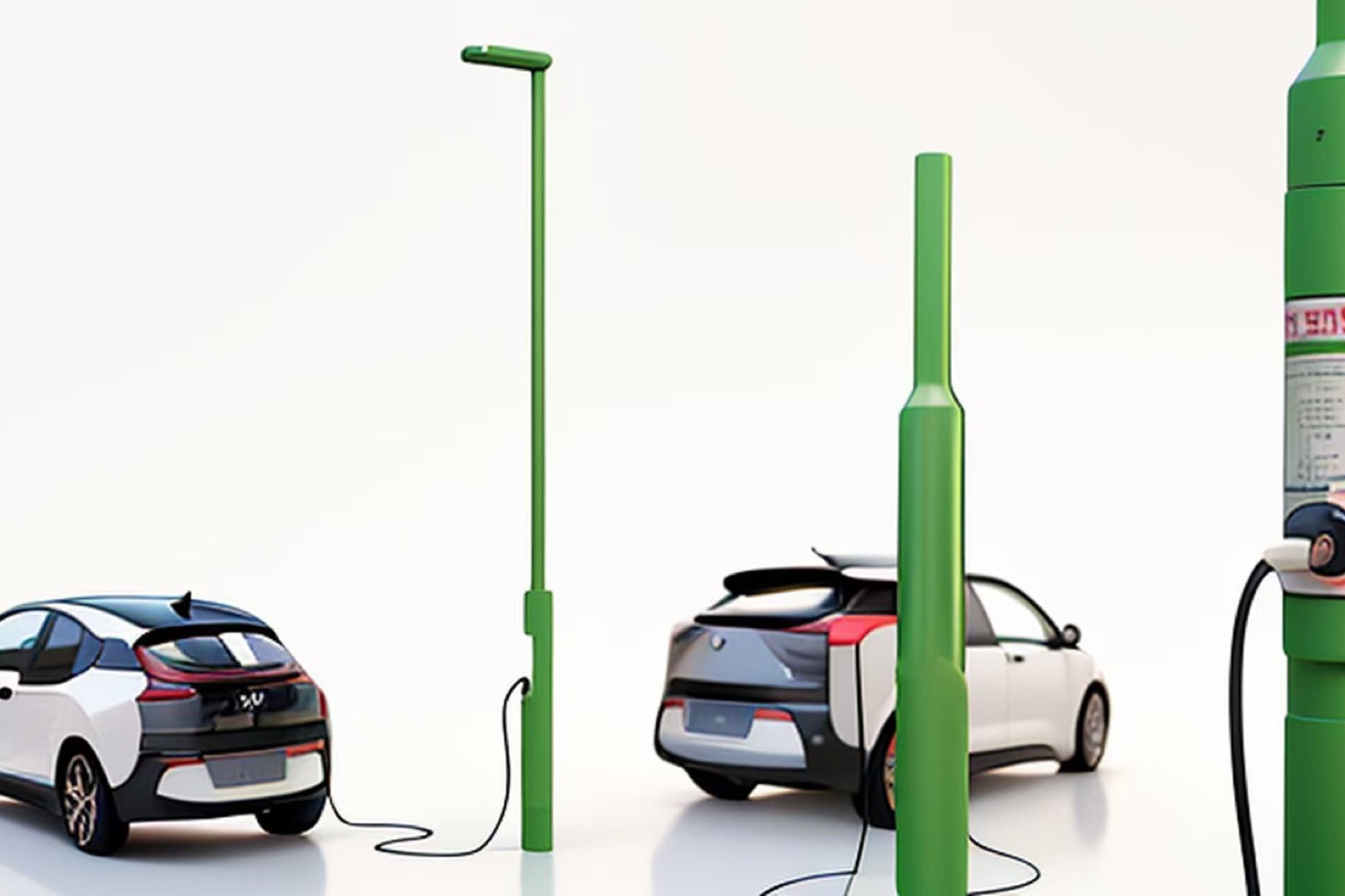 Lamp post AC EV chargers supplying two electric vehicles in an outdoor public charging bay