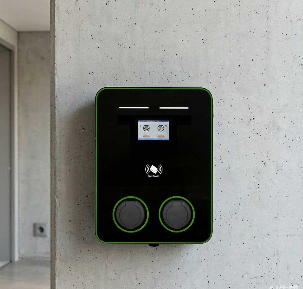 Amprisen dual-gun AC EV charger with two Type 2 socket covers mounted on a wall