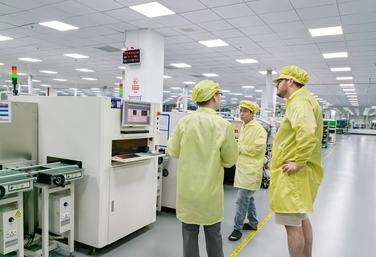 European EV charger distributor touring the SMT and assembly line in cleanroom gowns with Amprisen engineers