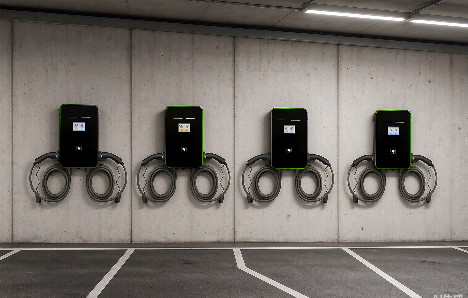 Four Amprisen dual-gun AC EV chargers mounted in a row in a commercial parking garage for cluster load balancing